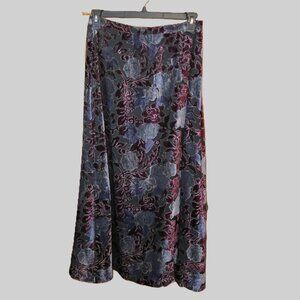 Coldwater Creek Gray & Burgundy Floral Midi Skirt Burn Out Lined Size Large